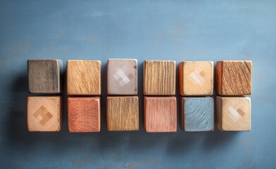 Fototapeta premium Twelve wooden blocks of various colors and wood textures arranged neatly in two rows on a blue textured surface conveying organization and natural simplicity