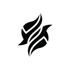 Abstract black and white design featuring a stylized feather or wing silhouette on a clean white background