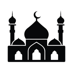 Elegant silhouette illustration depicting a mosque with minarets and a crescent moon symbol for islamic design