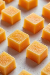 Close-up View of Soft Orange Fruit Jelly Cubes Arranged on a White Background Perfect for Food Photography and Culinary Design Projects