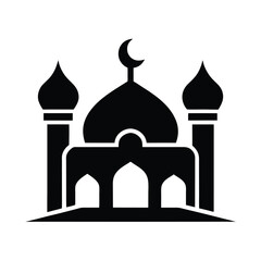 Simple silhouette illustration of a mosque building with crescent moon symbol and stylized islamic architecture