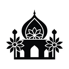 Silhouette illustration of an islamic mosque with floral accents and decorative architectural details in black and white.