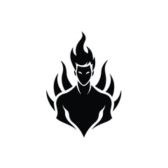 Powerful black and white silhouette design of a fiery character with a burning flame aura on a white background