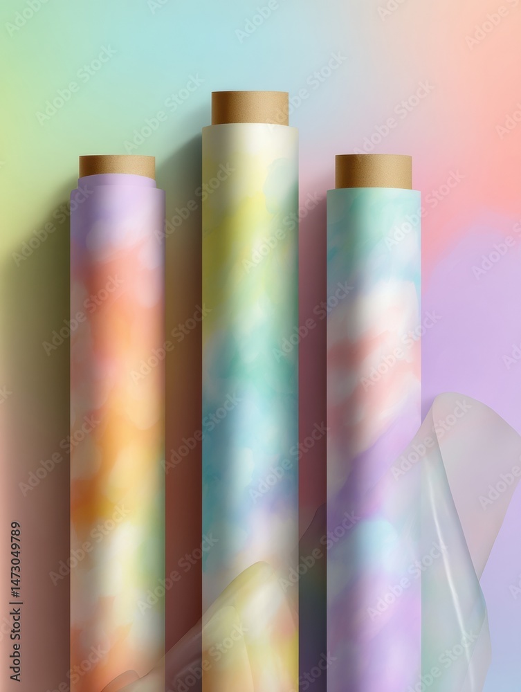 Poster colorful abstract pastel wrapping paper rolls displayed against a soft gradient background for creat
