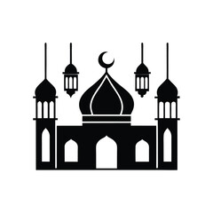 A bold black and white mosque silhouette depicting islamic architecture and religious symbols of faith