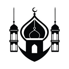 Vector illustration of a mosque silhouette design with crescent moon and minaret towers on a white background.