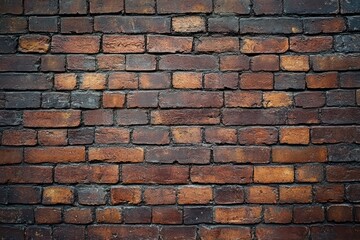 Obraz premium Close-up view of an aged and weathered brick wall with various shades of red, orange, and brown bricks showing texture and rough surface