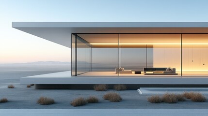 Modern minimalist home overlooking desert landscape.  Large glass walls offer stunning views of the horizon.  Clean lines and neutral colors create a tranquil atmosphere