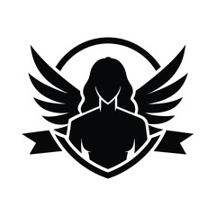 Elegant black and white angelic emblem with wings and ribbon decorative design for symbolism