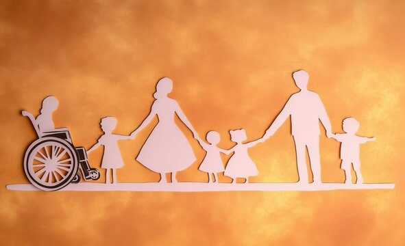 Silhouettes of a family holding hands including a person in a wheelchair against a warm orange background symbolizing unity and inclusion