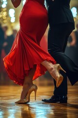Close-up of a couple dancing passionately with a flowing red dress and glittery gold high heels under warm ballroom lighting