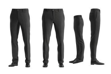 A Set Of Three Pair Of Black Dress Pants From Different Angles Perfect For Showcasing Your Brand's Products