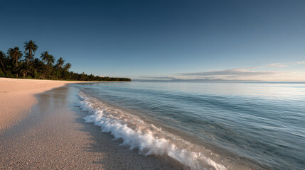 Fototapeta premium serene tropical beach with crystal clear waters and soft white sand surrounded by lush palm trees