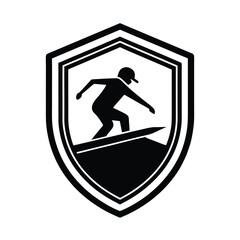 Surfer silhouette logo in shield shape represents surf club emblem or adventure sports icon