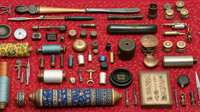 Vintage sewing set meticulously arranged on a vibrant red patterned fabric background