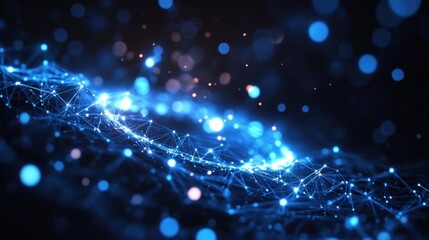 Obraz premium Abstract glowing network mesh with interconnected blue lines and nodes creating a wave-like structure on a dark background