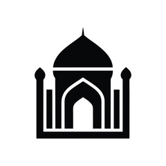 Simple black and white illustration of an islamic mosque or temple with domes and minarets