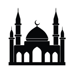 Silhouette illustration of a mosque building depicting muslim architecture with crescent moon and minarets