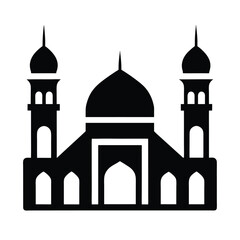 Minimalist black silhouette of a mosque depicting islamic architecture and religious symbolism on white background