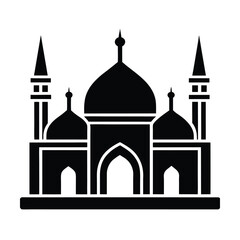 A minimalist black silhouette vector illustration of a mosque with domes and minarets for religious design