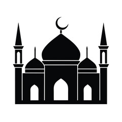 Simple black and white silhouette of an islamic mosque with minarets and crescent moon symbol on the top.