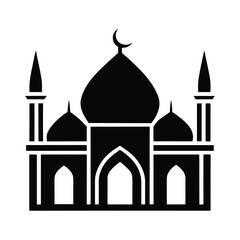Simple black and white silhouette of a mosque with domes and crescent moon on a white background