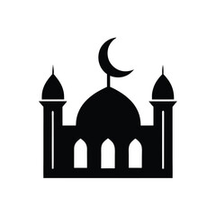 Simple black and white silhouette of a mosque with crescent moon symbol for islamic religious design