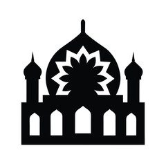 Black and white vector illustration of an islamic mosque silhouette featuring architectural details and floral embellishments.