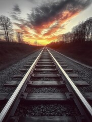 Fototapeta premium Sunset sky with dramatic clouds over empty railroad tracks surrounded by leafless trees creating a peaceful and contemplative mood