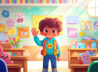 Child raising hand in classroom illustration