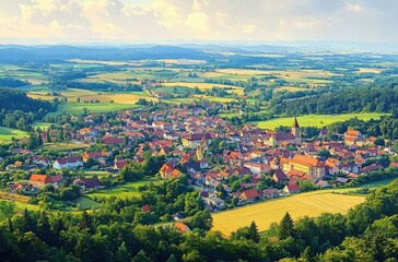 Obraz premium A vibrant small town nestled in lush green countryside with clusters of red-roofed houses, surrounding fields, and dense forest patches under a partly cloudy sky