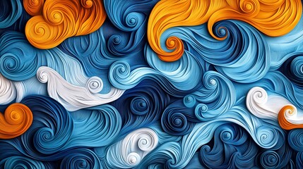 Abstract swirls of vibrant colors.  Dynamic and textured patterns in shades of blue, orange, and white.  Intricate details