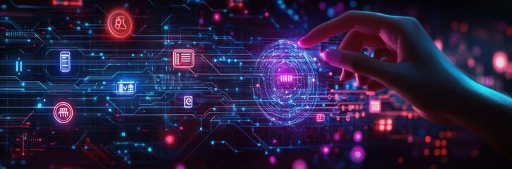 Close-up of a hand interacting with a glowing digital interface featuring various technology icons and holographic elements in neon blue and pink