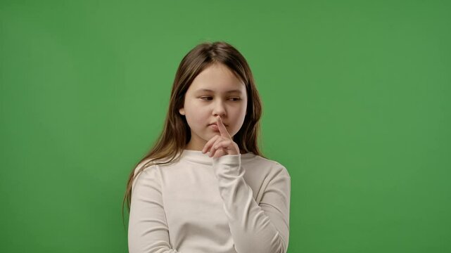 Teenage girl posing at camera with concentrated face, thinking pointing finger has idea, isolated on chroma key green screen studio background mockup. Slow motion