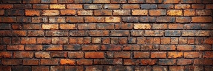 Obraz premium Close-up view of a textured red and brown brick wall with weathered and aged surfaces