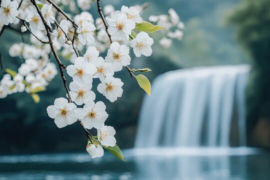Blooming white flowers cascade,  waterfall backdrop
