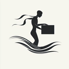 Fototapeta premium silhouette of a person holding a rectangular box walking through stylized flowing waves with a scarf blowing behind them