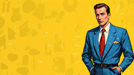 a 1950s advertising illustration of a man on yellow background, room for text
