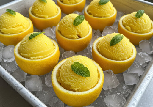Lemon sorbo garnished with mint leaves.