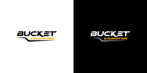 A wordmark logo vector for 'Bucket Excavation' with a bucket integrated into the letters K and E in a negative space style, and a simple dump truck shape beneath it © Angon_Graphic