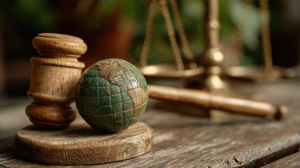 Wooden gavel globe and scales symbol of justice