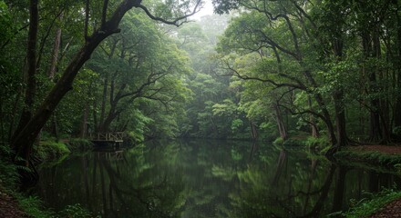 Dark Green Lush Forest With Still Water Reflection