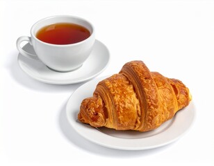 Croissant & tea A flaky pastry beside a cup of dark tea on plates, isolated