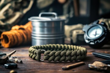 Tactical Paracord Bracelet on Rustic Table