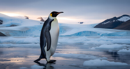 A cute emperor penguin, a majestic bird of Antarctic wildlife, stands on the cold white ice in its natural polar habitat