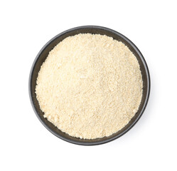 Superfood product. Sesame seeds powder in bowl isolated on white, top view