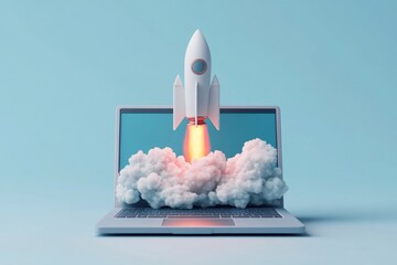 Laptop with a rocket launching from the screen, symbolizing a startup or innovation