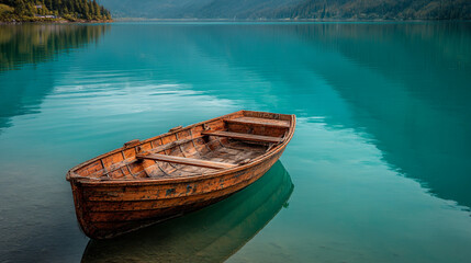 Wooden rowboat on turquoise lake water scenic travel photography stock image for commercial use online