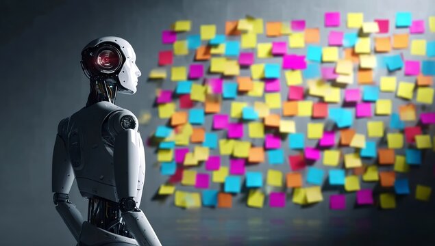 A humanoid robot looking at colorful sticky notes on the wall, symbolizing AI's role in color