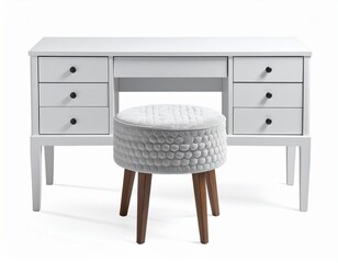 White vanity desk with drawers and a round upholstered stool on a white background
